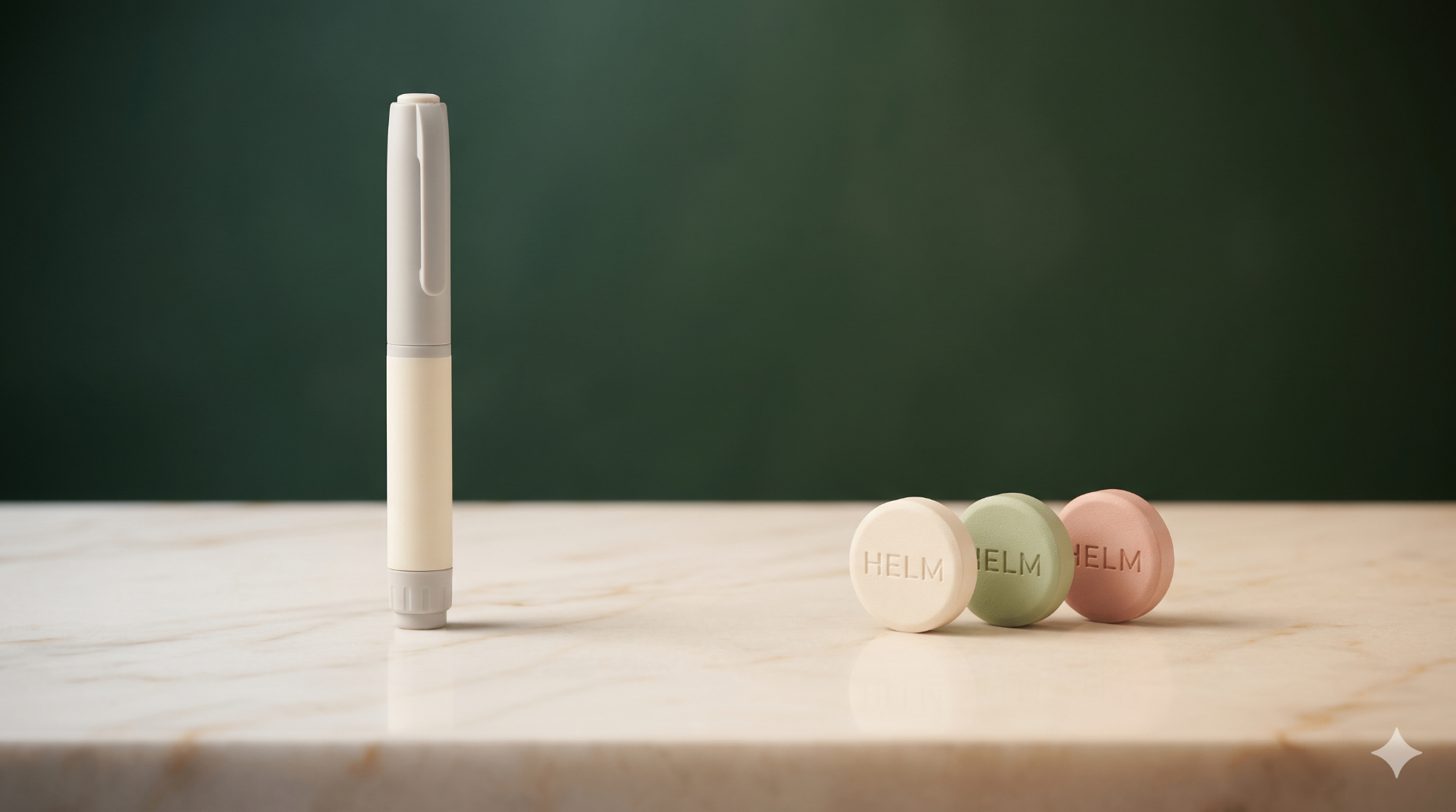 Injection pen next to daily HELM pills
